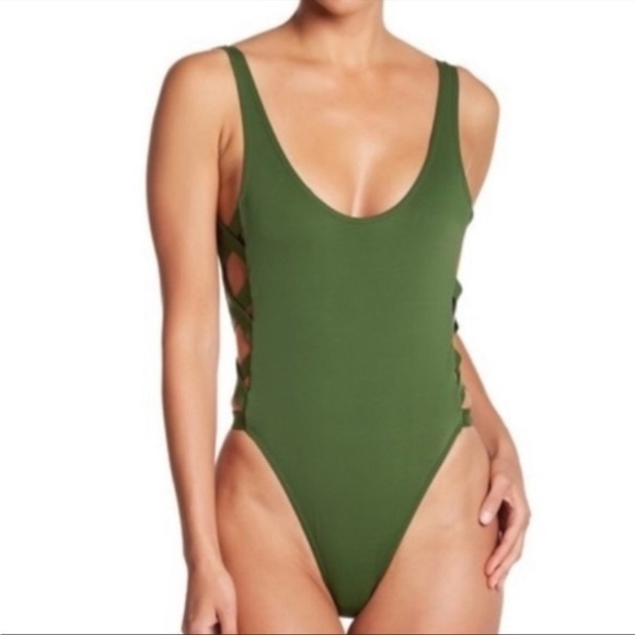 Bikini Lab lattice side low back olive green cheeky one piece size Medium - Picture 1 of 9